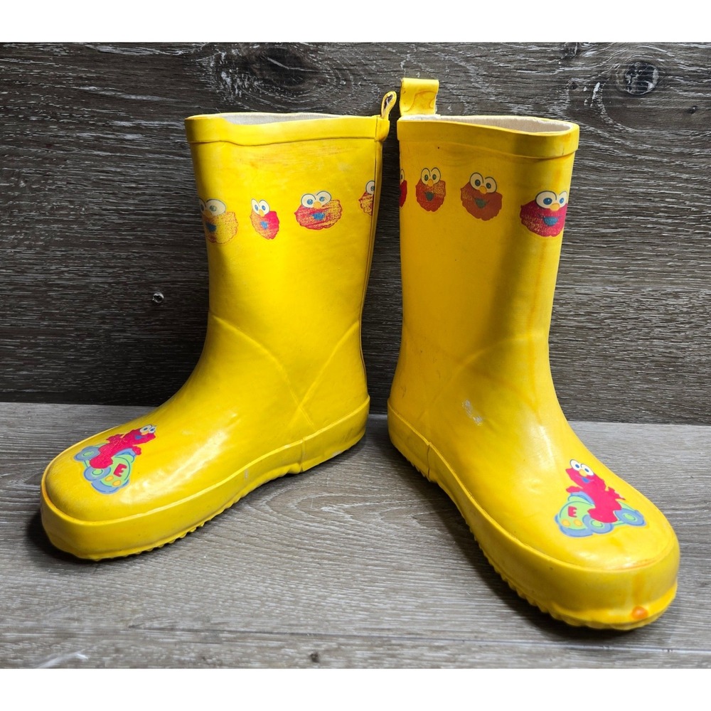 Vtg Sesame Street Elmo Rain Boots Kids Size 8 Yellow Rubber Pull-On Waterproof